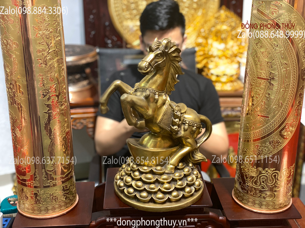 Tượng ngựa phong thủy- ngựa hý đứng núi tiền bằng đồng cao 38,5cm