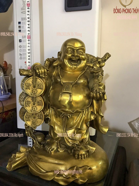 Tượng phật di lặc đứng bị gánh bao tiền bằng đồng cao 40 nặng 7,5kg