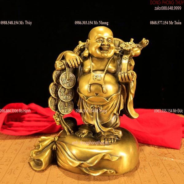 Tượng phật di lặc đứng bị gánh bao tiền bằng đồng cao 40 nặng 7,5kg