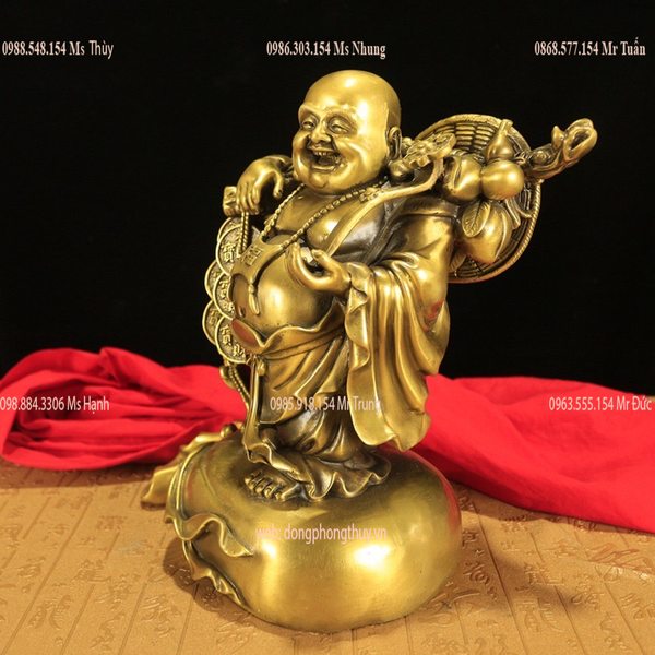Tượng phật di lặc đứng bị gánh bao tiền bằng đồng cao 40 nặng 7,5kg