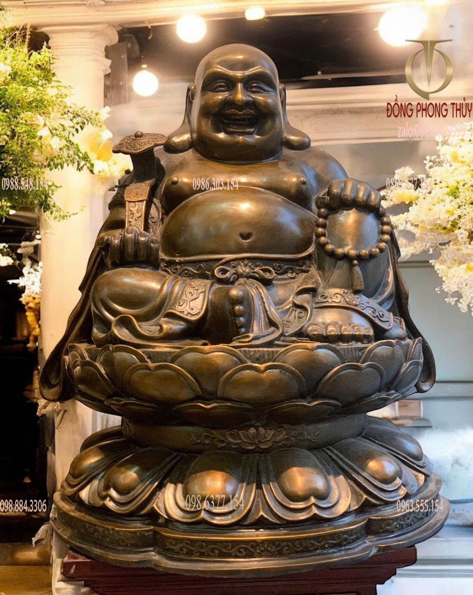 Tượng di lặc màu hun bằng đồng cao 50cm ngang 40cm sâu 36cm nặng 20kg