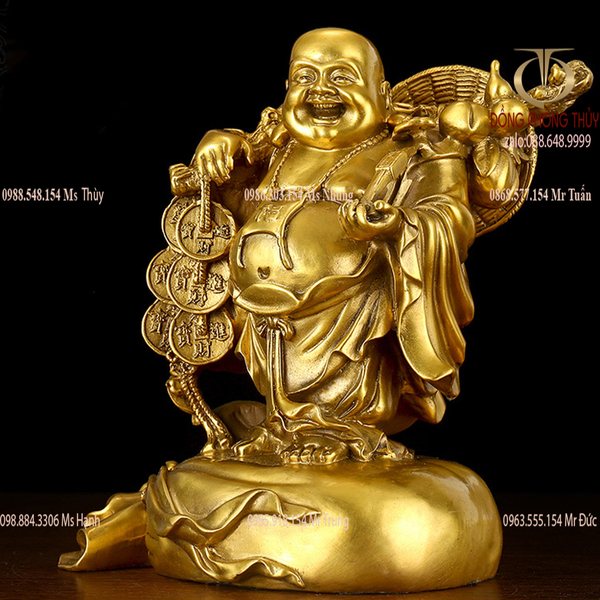 Tượng phật di lặc đứng bị gánh bao tiền bằng đồng cao 40 nặng 7,5kg