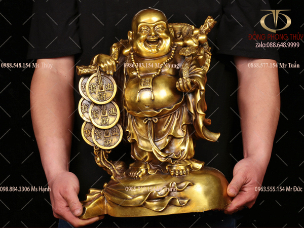 Tượng phật di lặc đứng bị gánh bao tiền bằng đồng cao 40 nặng 7,5kg