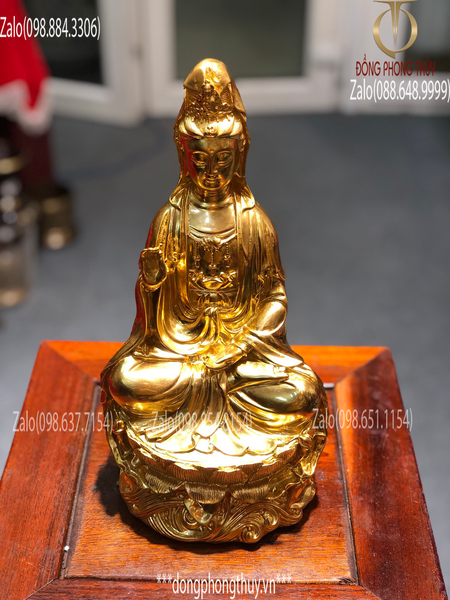 Tượng phật Quan Âm ngồi đài sen bằng đồng thếp vàng 24k cao 28cm