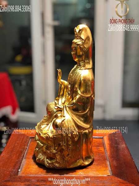 Tượng phật Quan Âm ngồi đài sen bằng đồng thếp vàng 24k cao 28cm