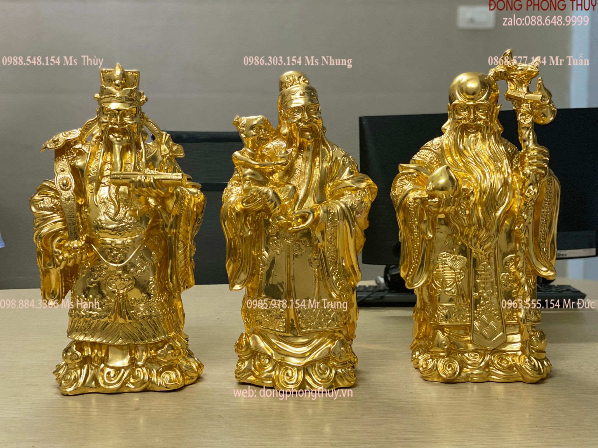 tượng phúc lộc thọ tam đa bằng đồng dát vàng 24k cao 42cm nặng 15kg