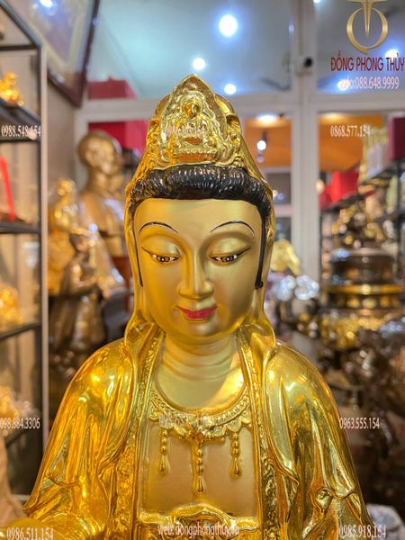 Tượng phật Quan Âm 38cm bằng đồng dát vàng vẽ diện
