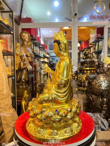 Tượng phật Quan Âm 38cm bằng đồng dát vàng vẽ diện