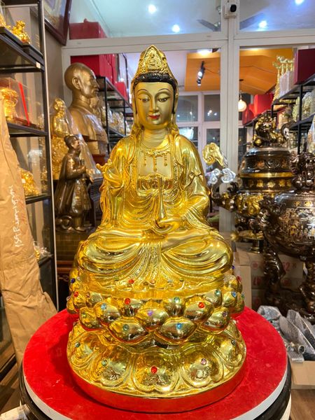 Tượng phật Quan Âm 38cm bằng đồng dát vàng vẽ diện