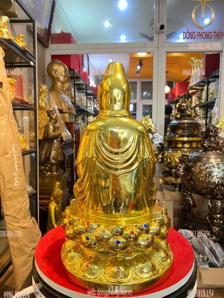 Tượng phật Quan Âm 38cm bằng đồng dát vàng vẽ diện