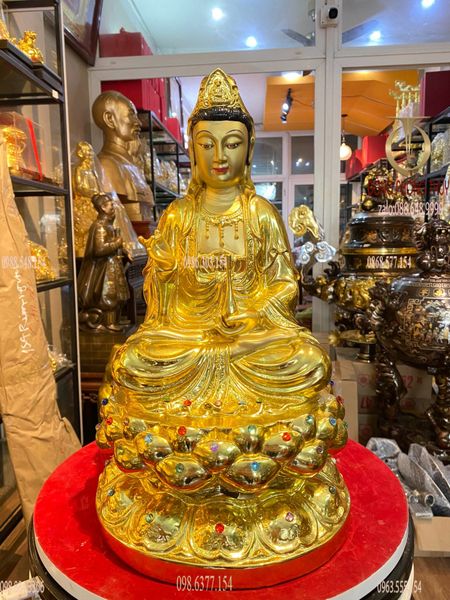 Tượng phật Quan Âm 38cm bằng đồng dát vàng vẽ diện