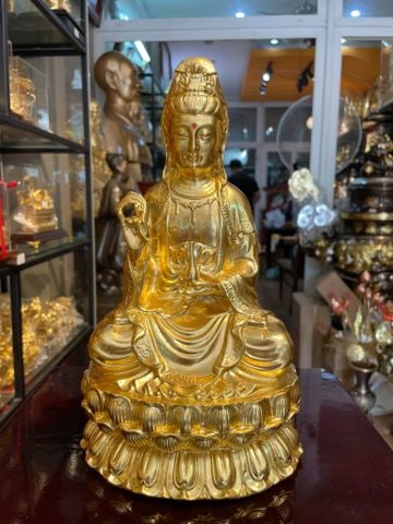 Tượng quan âm ngồi tọa đài sen bằng đồng dát vàng 24k