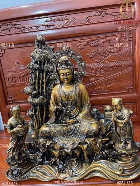 Quan Âm và Thiện Tài Đồng Tử bằng đồng hun nâu Cao 50 ngang 45 sâu 25 nặng 31 kg