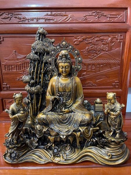 Quan Âm và Thiện Tài Đồng Tử bằng đồng hun nâu Cao 50 ngang 45 sâu 25 nặng 31 kg