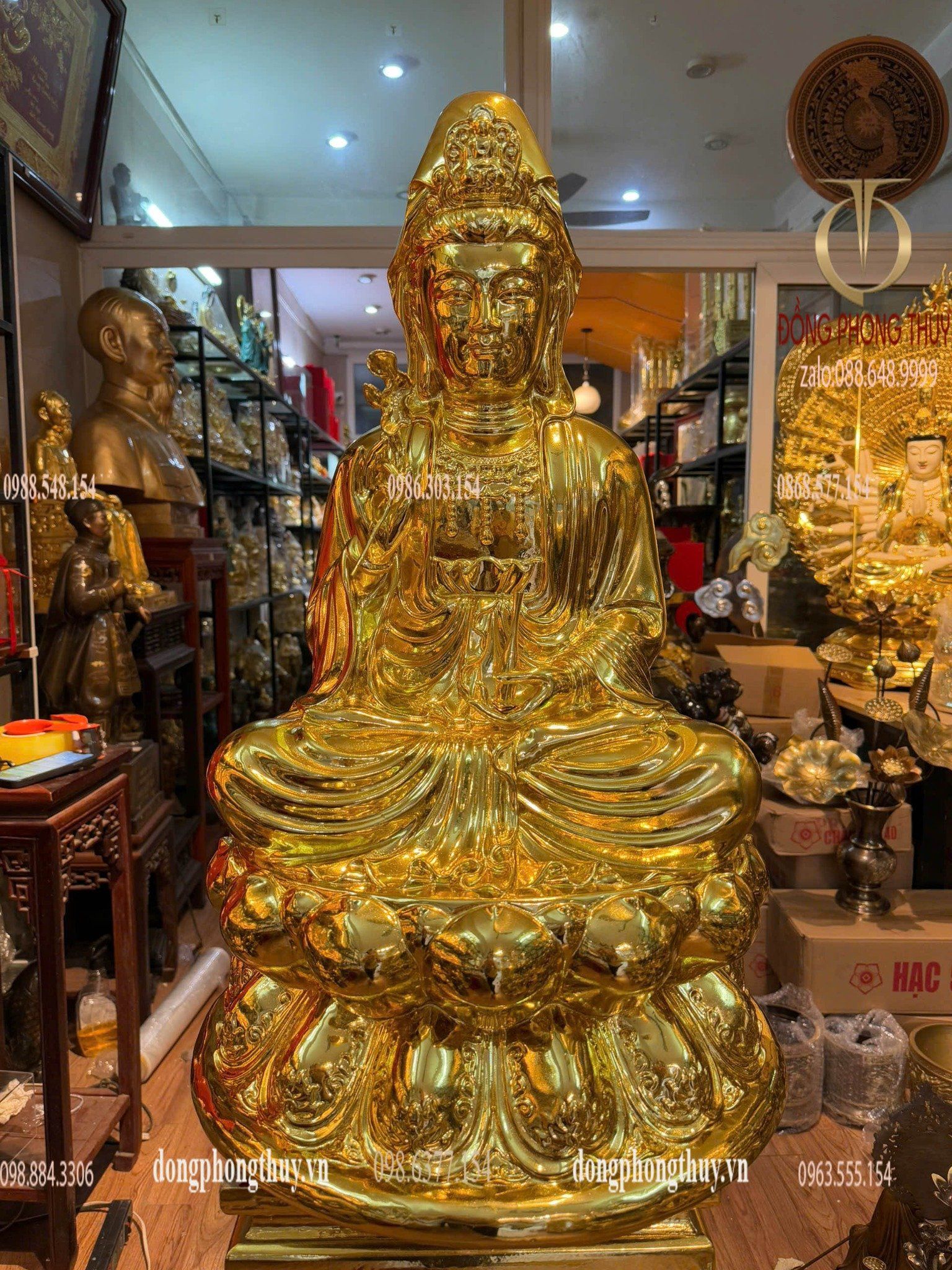 Tượng Quan Âm Cao 70 ngang 42 sâu 42cm nặng 58kg dát vàng