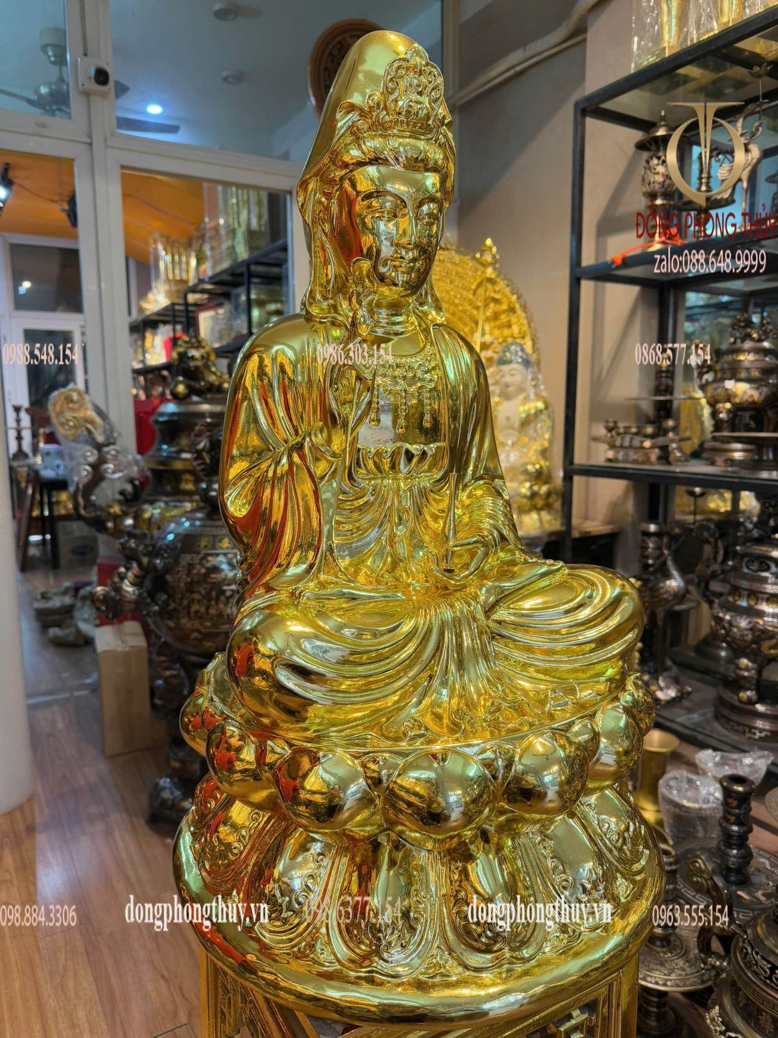 Tượng Quan Âm Cao 70 ngang 42 sâu 42cm nặng 58kg dát vàng