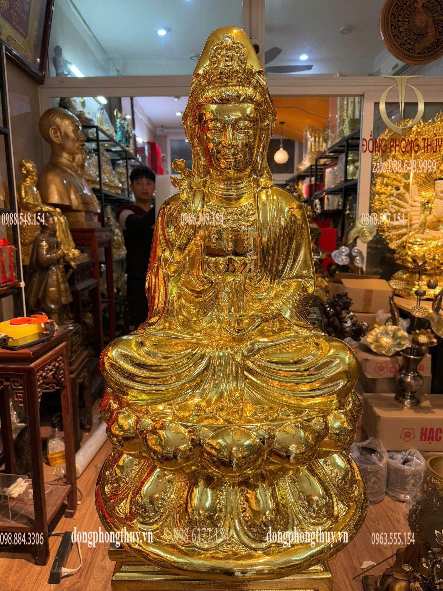 Tượng Quan Âm Cao 70 ngang 42 sâu 42cm nặng 58kg dát vàng