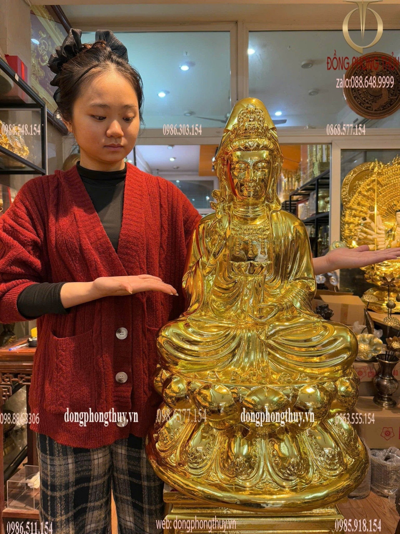 Tượng Quan Âm Cao 70 ngang 42 sâu 42cm nặng 58kg dát vàng