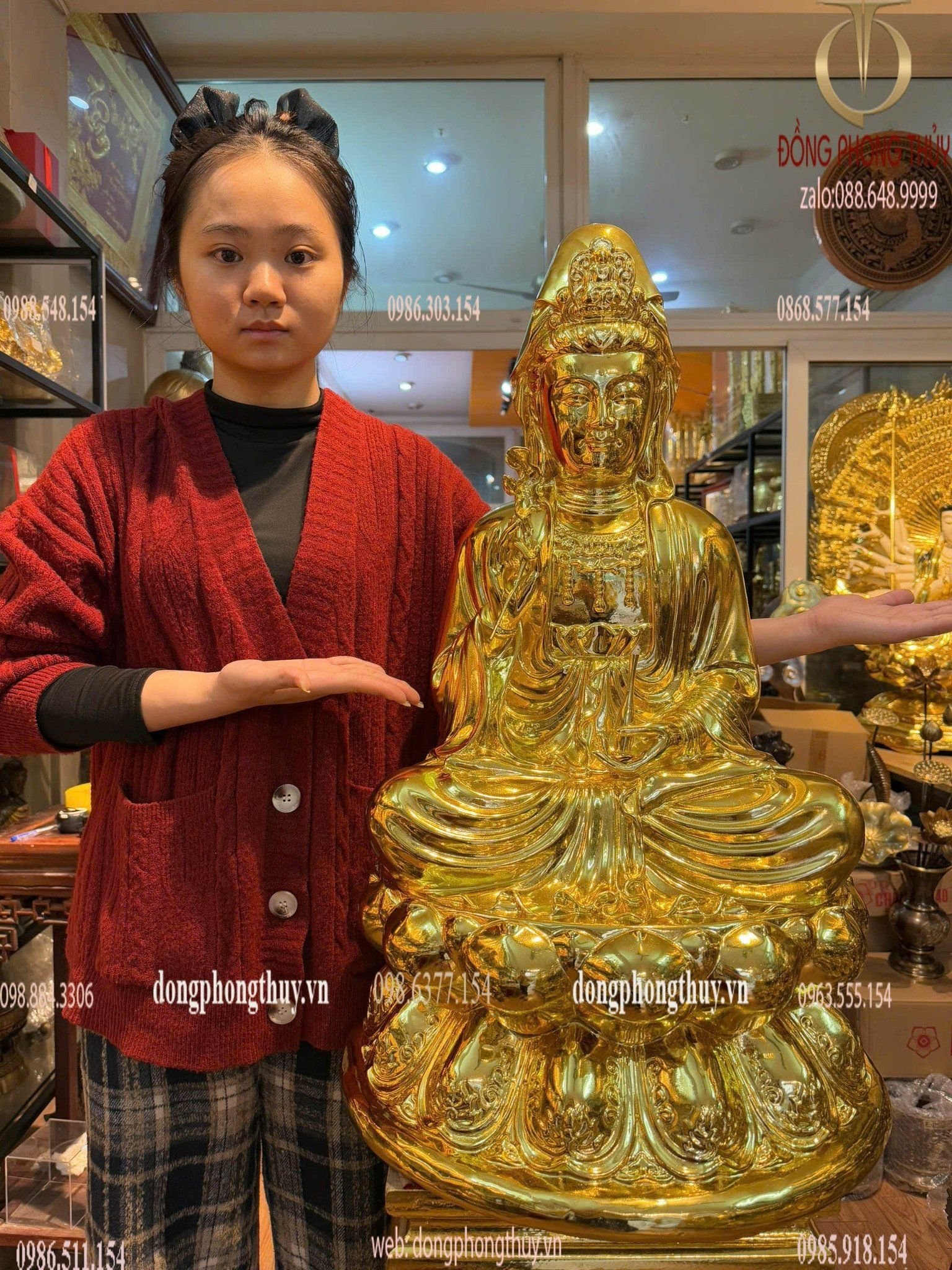 Tượng Quan Âm Cao 70 ngang 42 sâu 42cm nặng 58kg dát vàng