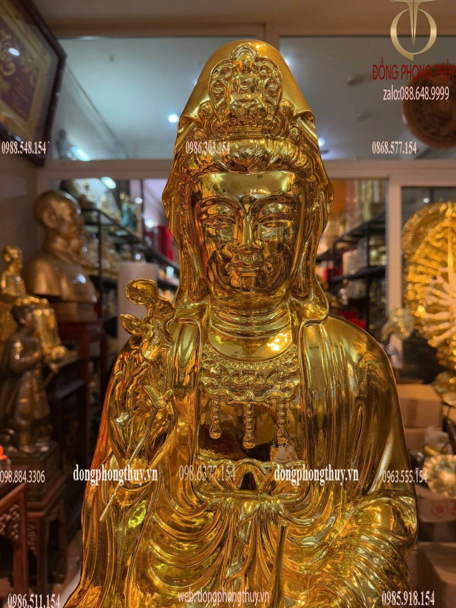 Tượng Quan Âm Cao 70 ngang 42 sâu 42cm nặng 58kg dát vàng