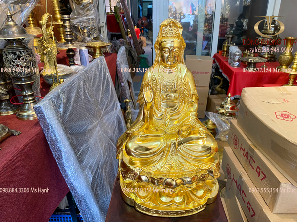 Tượng phật Quan Âm ngồi đài sen bằng đồng dát vàng 24k Cao 39cm nặng 4,8kg