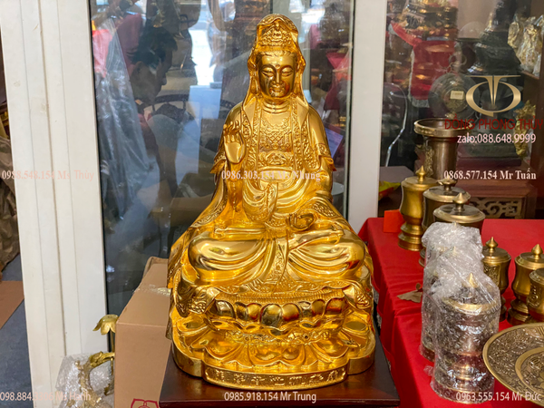 Tượng phật Quan Âm ngồi đài sen bằng đồng dát vàng 24k Cao 39cm nặng 4,8kg