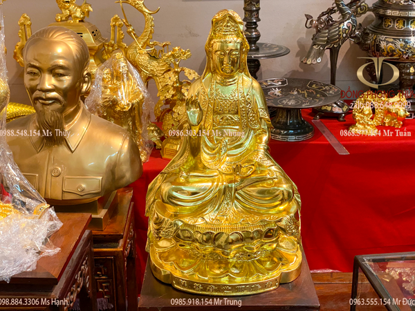 Tượng phật Quan Âm ngồi đài sen bằng đồng dát vàng 24k Cao 39cm nặng 4,8kg
