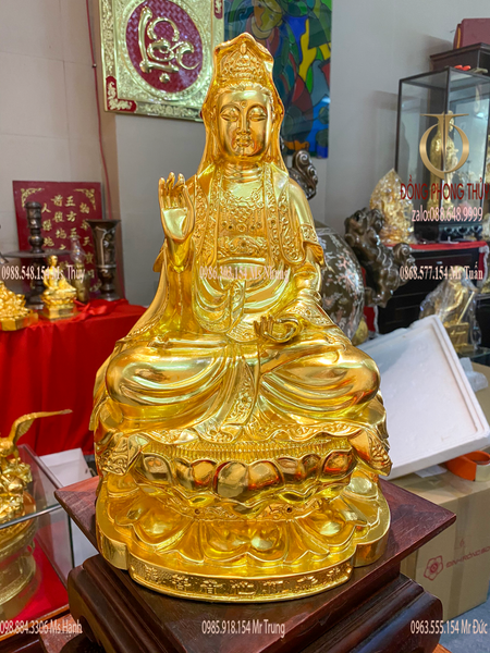 Tượng phật Quan Âm ngồi đài sen bằng đồng dát vàng 24k Cao 39cm nặng 4,8kg
