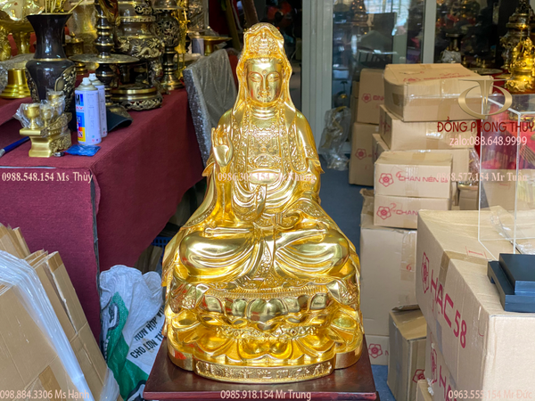 Tượng phật Quan Âm ngồi đài sen bằng đồng dát vàng 24k Cao 39cm nặng 4,8kg