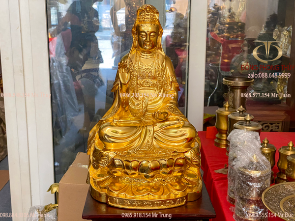 Tượng phật Quan Âm ngồi đài sen bằng đồng dát vàng 24k Cao 39cm nặng 4,8kg