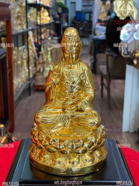 Tượng phật quan âm bằng đồng cao 17cm dát vàng