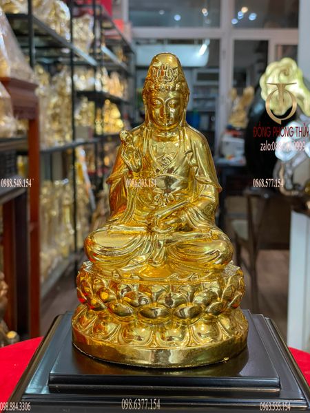 Tượng phật quan âm bằng đồng cao 17cm dát vàng