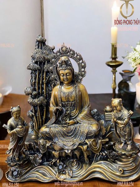 Quan Âm và Thiện Tài Đồng Tử bằng đồng hun nâu Cao 50 ngang 45 sâu 25 nặng 31 kg