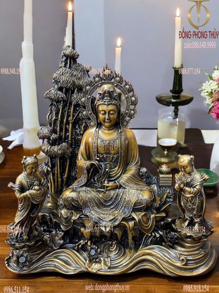 Quan Âm và Thiện Tài Đồng Tử bằng đồng hun nâu Cao 50 ngang 45 sâu 25 nặng 31 kg