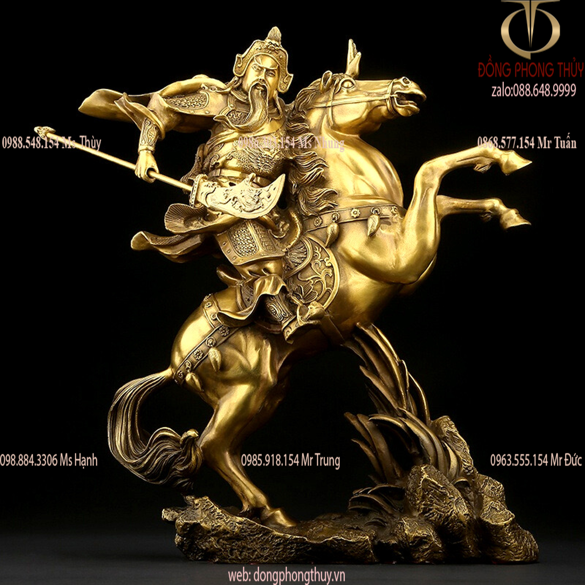 Tượng quan công cưỡi ngựa bằng đồng cao 35cm màu vàng đồng