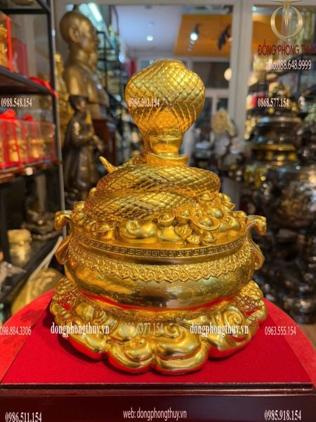 Tượng rắn hũ vàng bằng đồng dát vàng 24k Cao 25 ngang 22 sâu 20cm nặng 3,2kg
