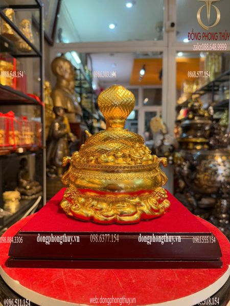 Tượng rắn hũ vàng bằng đồng dát vàng 24k Cao 20 ngang 17 sâu 17 nặng 2kg