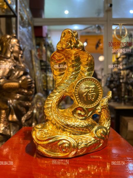 Tượng rắn mạ vàng phong thủy 18cm bằng đồng dát vàng 24k