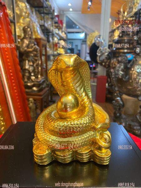 Tượng rắn mạ vàng phong thủy dát vàng 24k ngồi đống tiền
