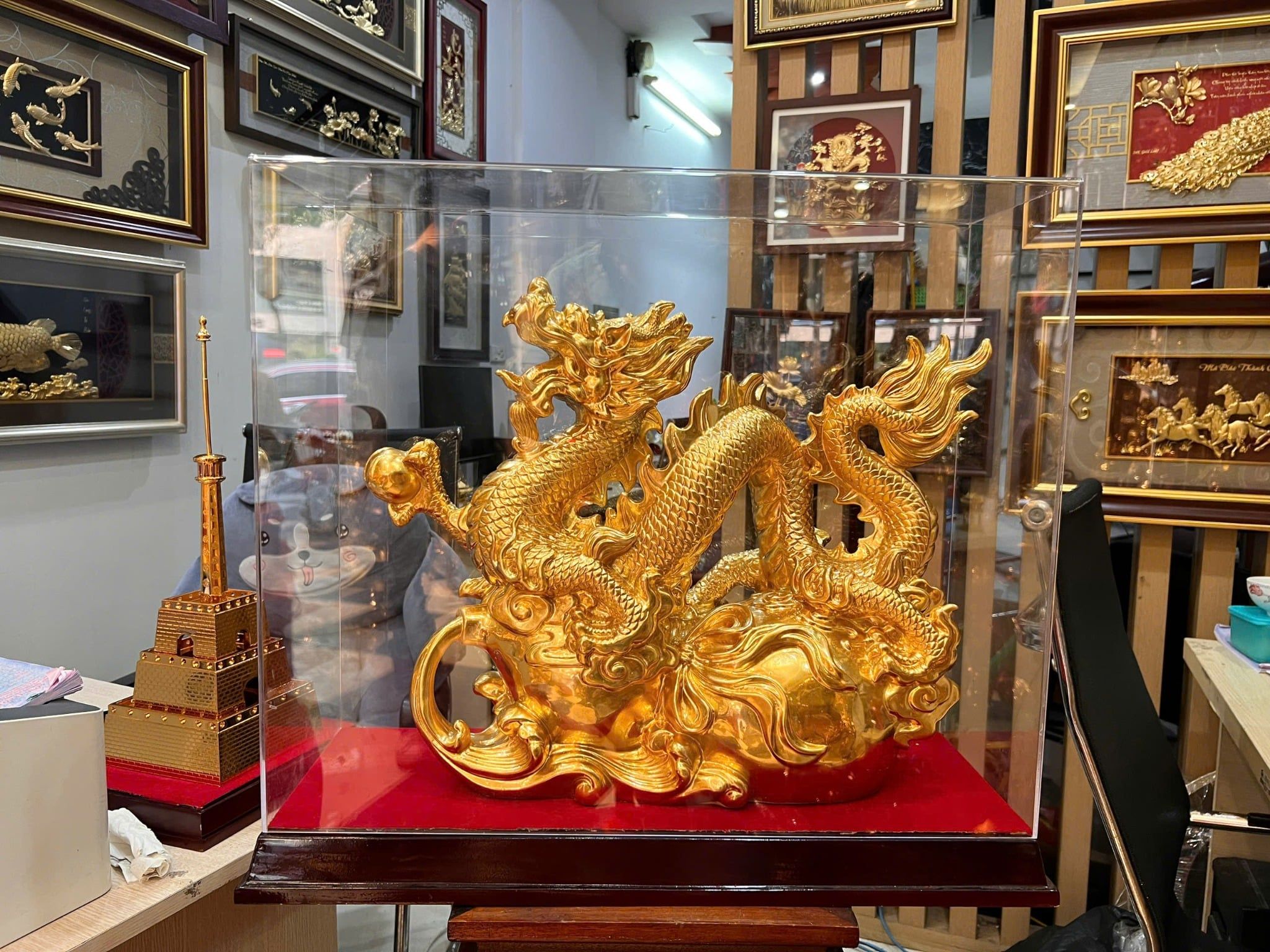 Tượng rồng hồ lô dát vàng 24k Cao 42 dài 55 sâu 18 nặng 16 kg