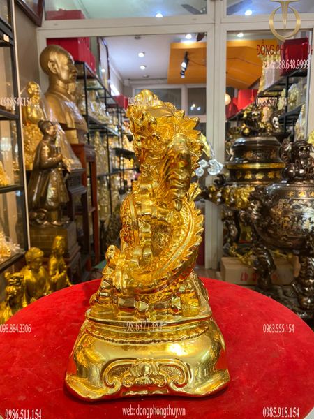 Tượng rồng phong thủy dát vàng 24k cao 29cm chữ Nho