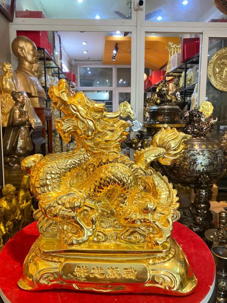 Tượng rồng phong thủy dát vàng 24k cao 29cm chữ Nho