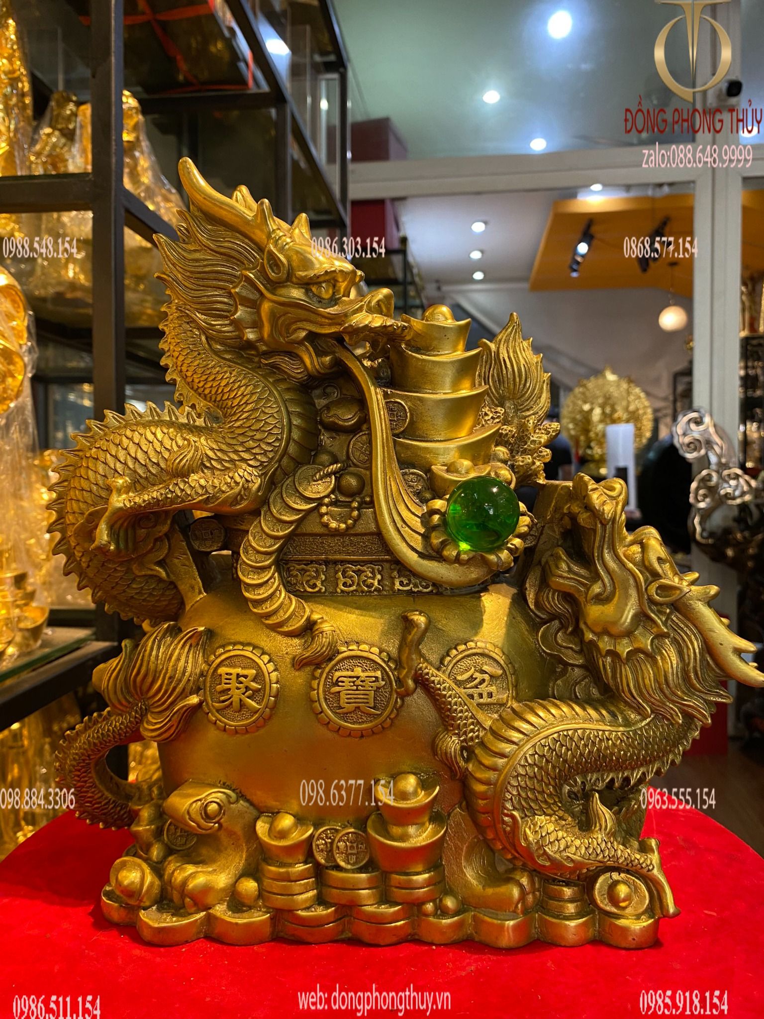 Tượng rồng song long chầu nguyệt phong thủy bằng đồng