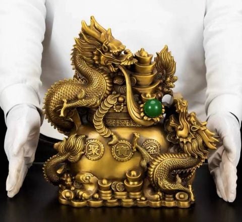 Tượng rồng song long chầu nguyệt phong thủy bằng đồng