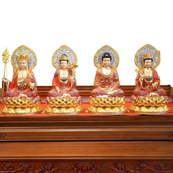 Ta bà tam thánh bằng đồng dát vàng 24k, vẽ gấm đỏ cao 40 ngang 25 sâu 25cm nặng 30kg