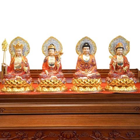 Ta bà tam thánh bằng đồng dát vàng 24k, vẽ gấm đỏ cao 40 ngang 25 sâu 25cm nặng 30kg