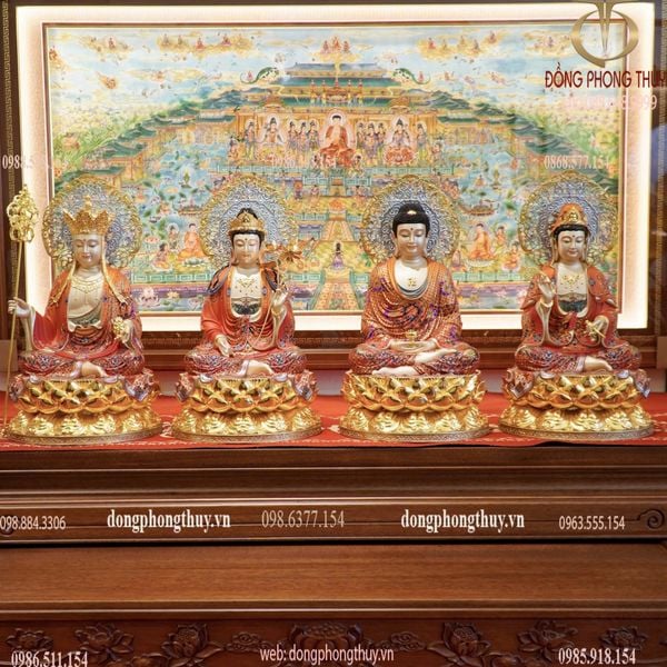 Ta bà tam thánh bằng đồng dát vàng 24k, vẽ gấm đỏ cao 40 ngang 25 sâu 25cm nặng 30kg