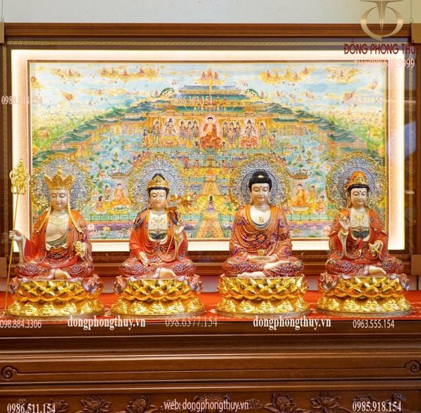 Ta bà tam thánh bằng đồng dát vàng 24k, vẽ gấm đỏ cao 40 ngang 25 sâu 25cm nặng 30kg