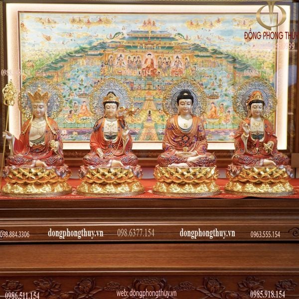 Ta bà tam thánh bằng đồng dát vàng 24k, vẽ gấm đỏ cao 40 ngang 25 sâu 25cm nặng 30kg