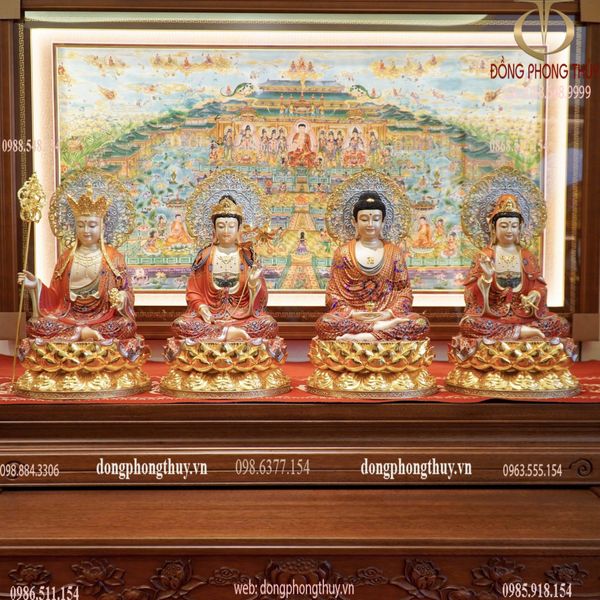 Ta bà tam thánh bằng đồng dát vàng 24k, vẽ gấm đỏ cao 40 ngang 25 sâu 25cm nặng 30kg